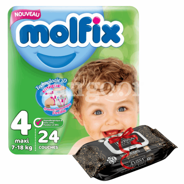 MOLFIX-COUCHE-BEBE-CONFORT-TAILLE4-7-18KG-24PCS-EVISSA-LINGETTES-100PCS-LUXURY-GRATUITE.png. Prix Tunisie