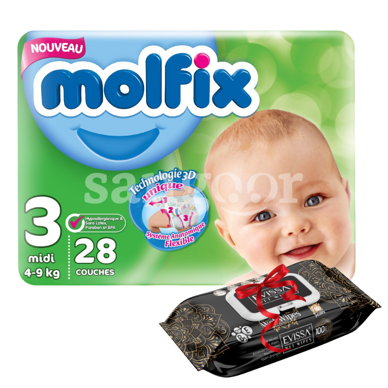 MOLFIX COUCHE BEBE CONFORT TAILLE3 (4-9)KG 28PCS + EVISSA LINGETTES 100PCS LUXURY GRATUITE MOLFIX-COUCHE-BEBE-CONFORT-TAILLE3-4-9KG-28PCS-EVISSA-LINGETTES-100PCS-LUXURY-GRATUITE.png. Prix Tunisie