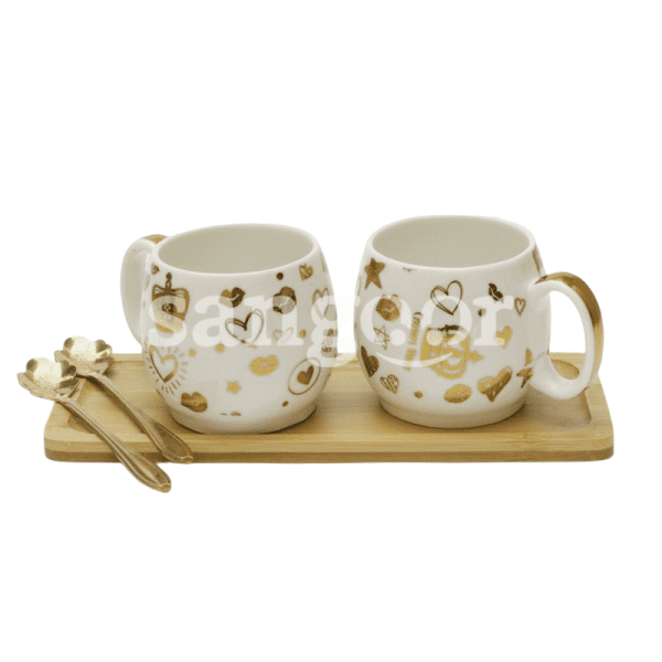 ENSEMBLE MUGS 2PCS2 CUILLERES AVEC UN PLATEAU EN BOIS-SANGOUR.TN-TUNISIE.