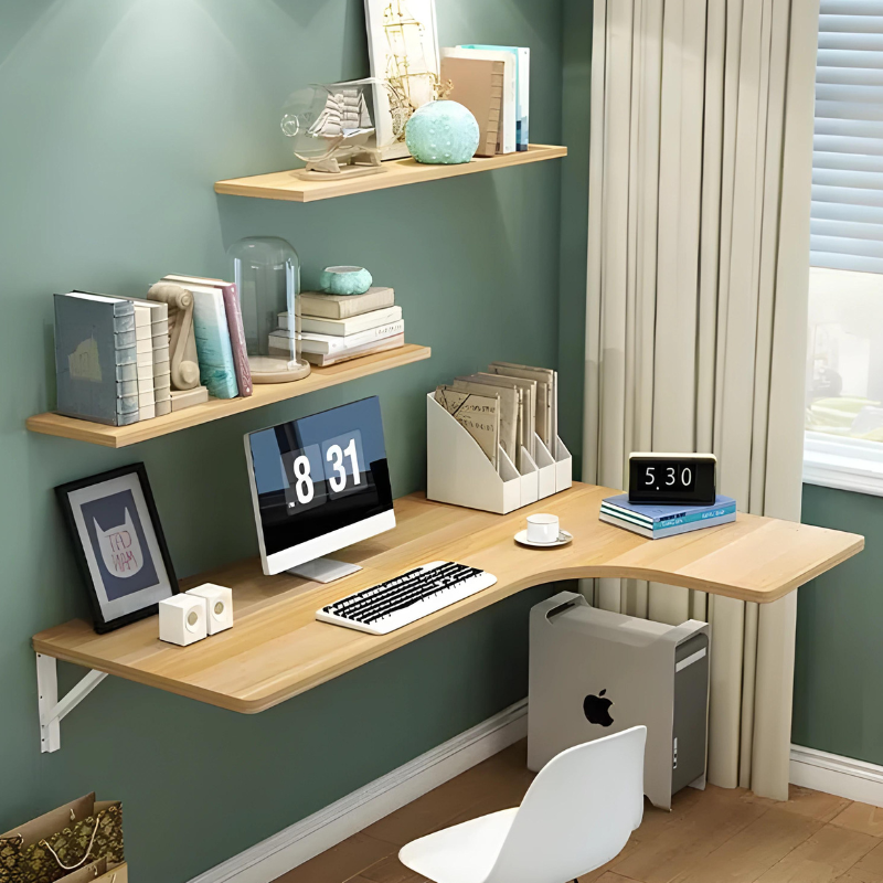 BUREAU MURAL FORME L AVEC 2 ETAGERES-BEIGE