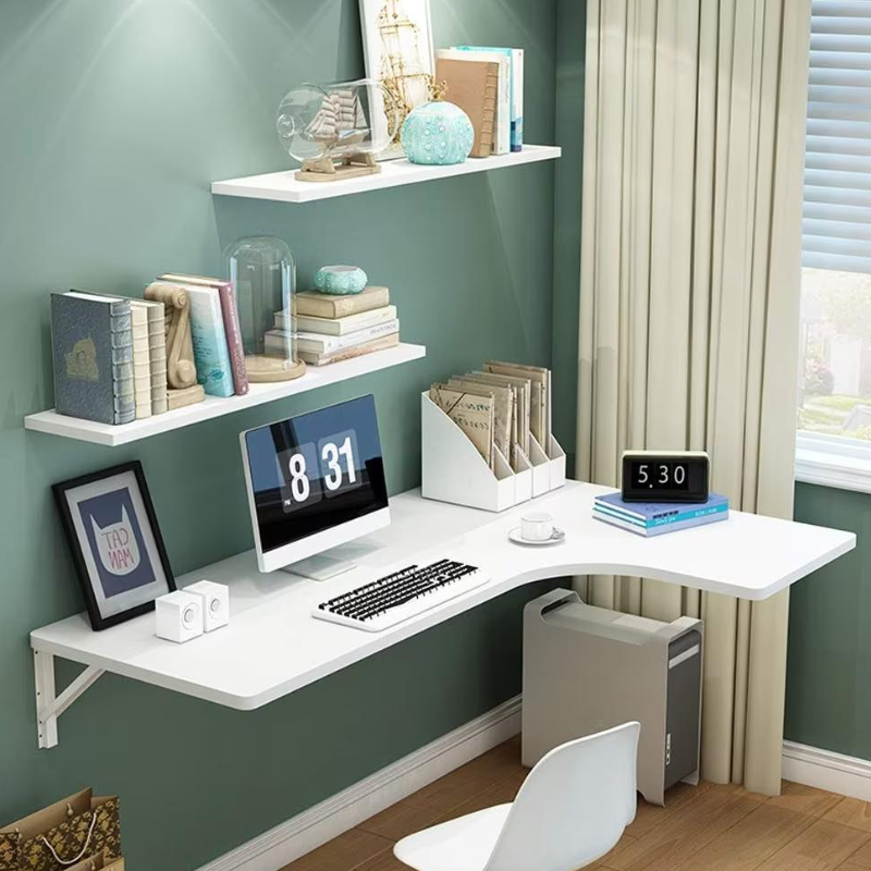 BUREAU MURAL_FORME L AVEC 2 ETAGERES BLANC
