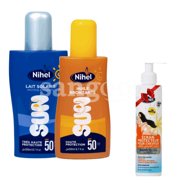 PACK-NIHEL-SPRAY-SOLAIRE-ADULTE-200ML-HUILE-BRAONZANTE-200ML-ECRAN-CHEVEUX-200ML-GRATUIT.png.Prix Tunisie