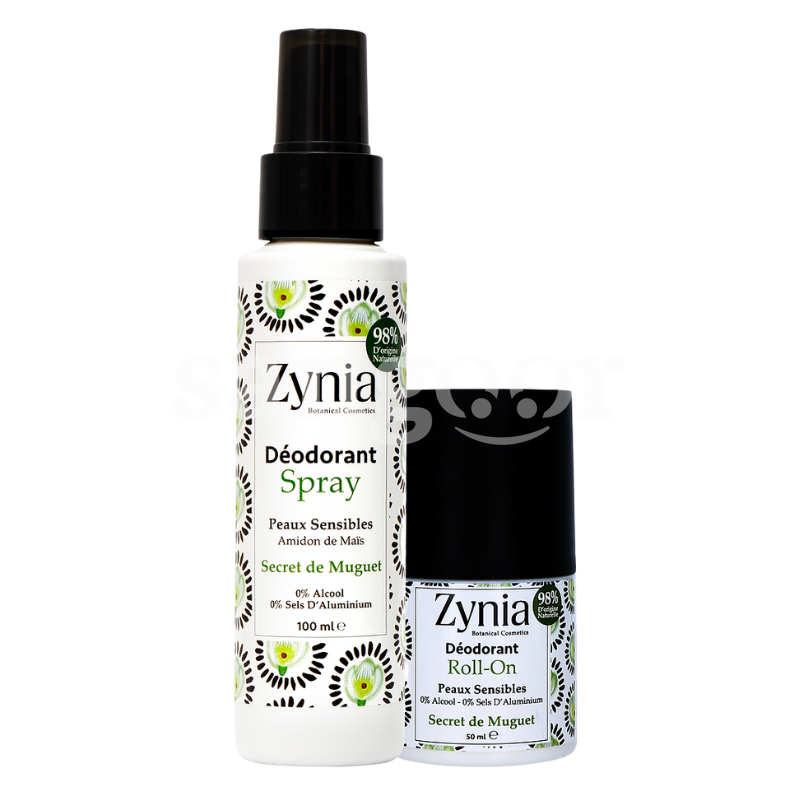 PACK ZYNIA DEODORANT SPRAY 100ML +ROLL ON 50ML SECRET DE MUGUET PACK-ZYNIA-DEODORANT-SPRAY-100ML-ROLL-ON-50ML-SECRET-DE-MUGUET.png.Prix Tunisie