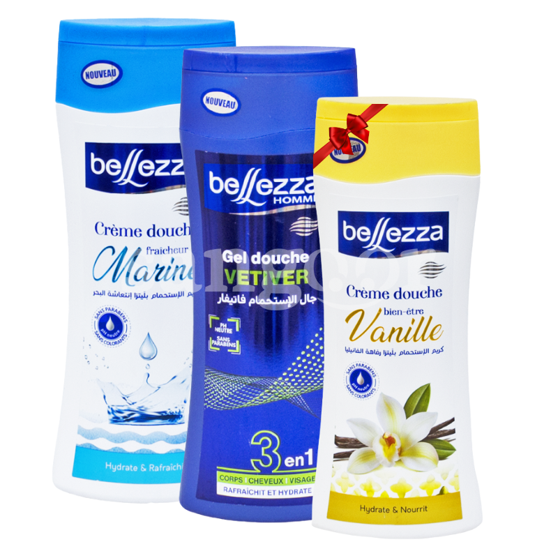 PACK BELLEZZA GEL DOUCHE 400ML LOT DE2 +1 GRATUIT PACK-BELLEZZA-GEL-DOUCHE-400ML-LOT-DE2-1-GRATUIT.png.Prix Tunisie