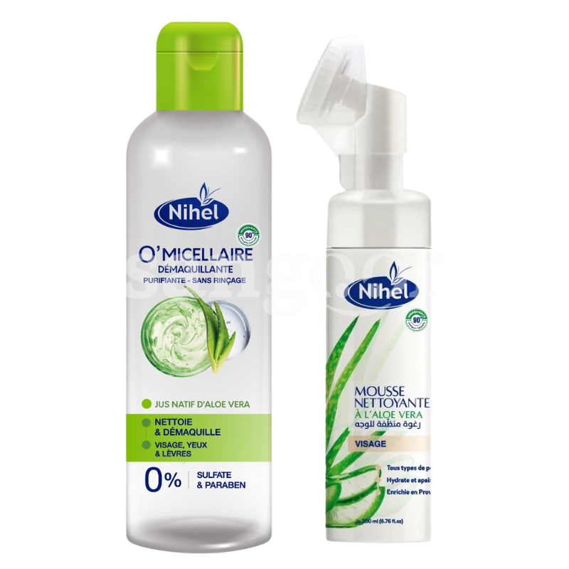 PACK NIHEL EAU MICELLAIRE 235ML +MOUSSE NETTOYANTE 200ML ALOE VERA PACK-NIHEL-EAU-MICELLAIRE-235ML-MOUSSE-NETTOYANTE-200ML-ALOE-VERA.png Prix Tunisie
