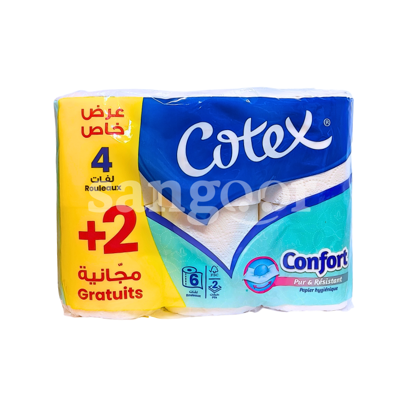 COTEX PAPIER HYGIENIQUE CONFORT 4PCS +2 GRATUIT COTEX PAPIER HYGIENIQUE CONFORT 4PCS +2 GRATUIT Prix Tunisie