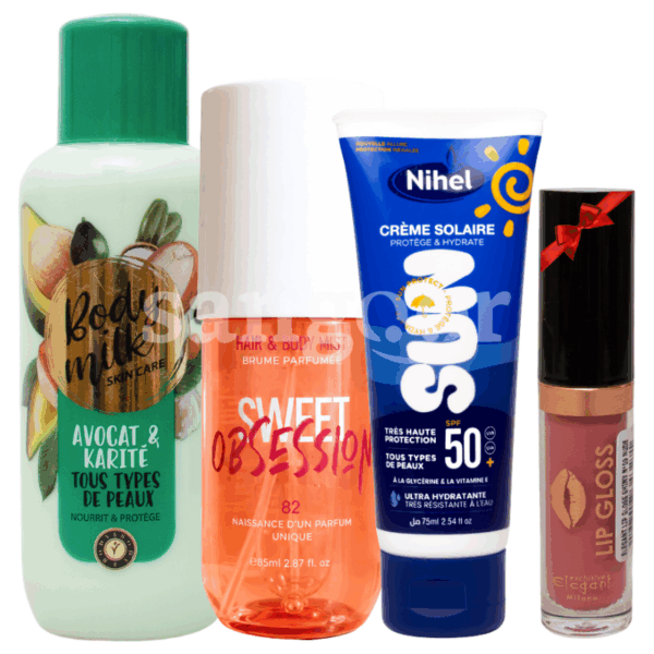 PACK NIHEL BODY MILK AVOCAT +BRUME SWEET +ECRAN INVISIBLE +GLOSS SHINY N09 GRATUIT Prix Tunisie