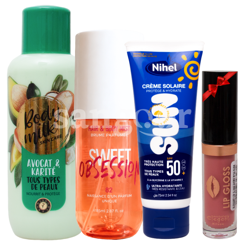 PACK NIHEL BODY MILK AVOCAT +BRUME SWEET +ECRAN INVISIBLE +GLOSS SHINY N09 GRATUIT PACK NIHEL BODY MILK AVOCAT +BRUME SWEET +ECRAN INVISIBLE +GLOSS SHINY N09 GRATUIT Prix Tunisie