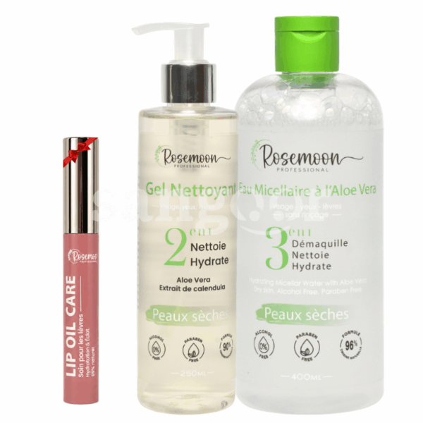 PACK ROSEMOON GEL NETTOYANT 250ML +EAU MICELLAIRE 400ML SECHES +LIP OIL REF330 GRATUIT Prix Tunisie