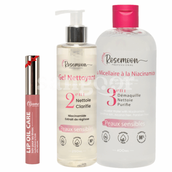 PACK ROSEMOON GEL NETTOYANT 250ML +EAU MICELLAIRE 400ML SENSIBLES +LIP OIL REF330 GRATUIT Prix Tunisie