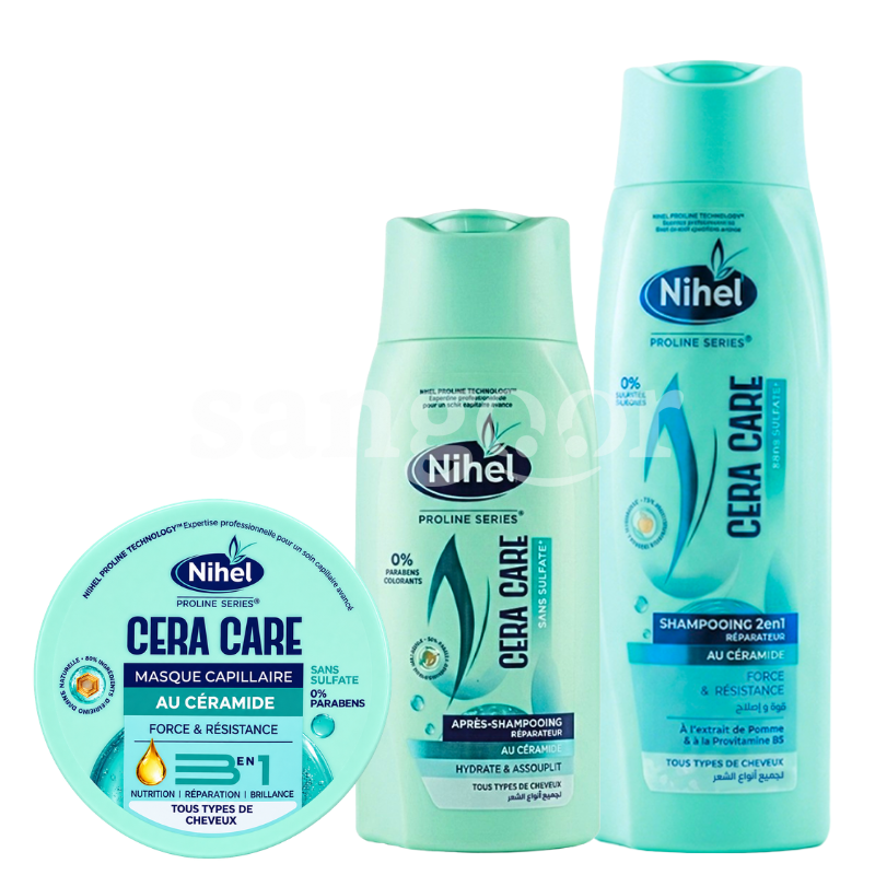 PACK NIHEL SHAMPOING 350ML +APRES SHAMPOING 300ML +MASQUE 300ML SANS SULFATE CERA CARE PACK NIHEL SHAMPOING 350ML +APRES SHAMPOING 300ML +MASQUE 300ML SANS SULFATE CERA CARE Prix Tunisie