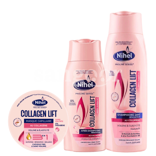 PACK NIHEL SHAMPOING 350ML +APRES SHAMPOING 300ML +MASQUE 300ML SANS SULFATE COLLAGEN LIFT Prix Tunisie