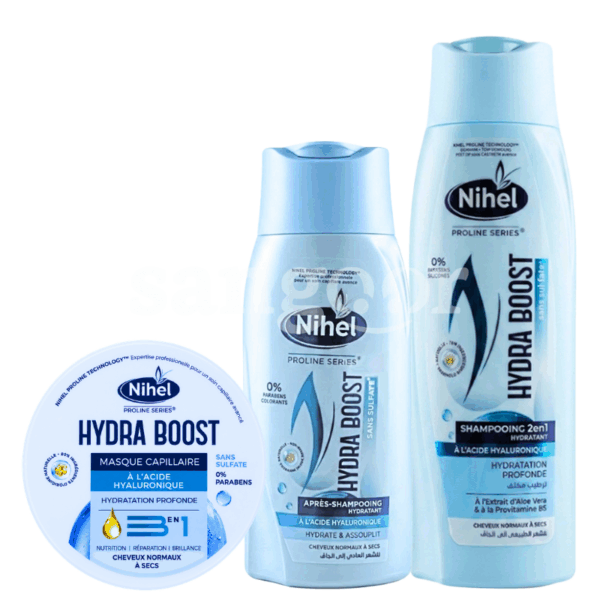 PACK NIHEL SHAMPOING 350ML +APRES SHAMPOING 300ML +MASQUE 300ML SANS SULFATE HYDRA BOOST Prix Tunisie