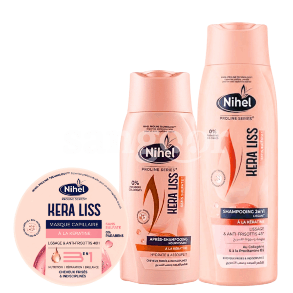 PACK NIHEL SHAMPOING 350ML +APRES SHAMPOING 300ML +MASQUE 300ML SANS SULFATE KERA LISS Prix Tunisie