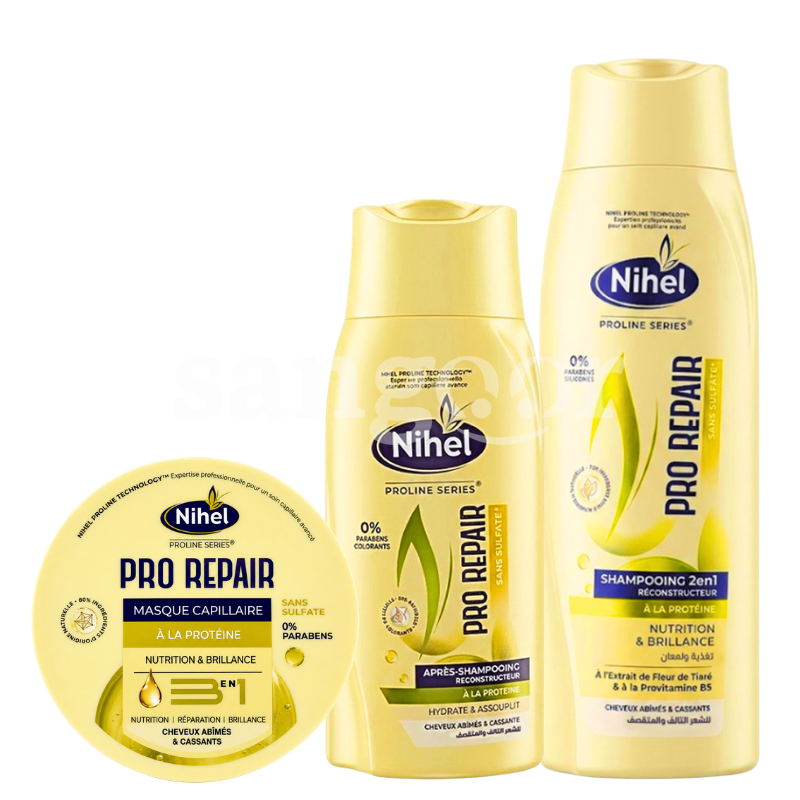 PACK NIHEL SHAMPOING 350ML +APRES SHAMPOING 300ML +MASQUE 300ML SANS SULFATE PRO REPAIR PACK NIHEL SHAMPOING 350ML +APRES SHAMPOING 300ML +MASQUE 300ML SANS SULFATE PRO REPAIR Prix Tunisie